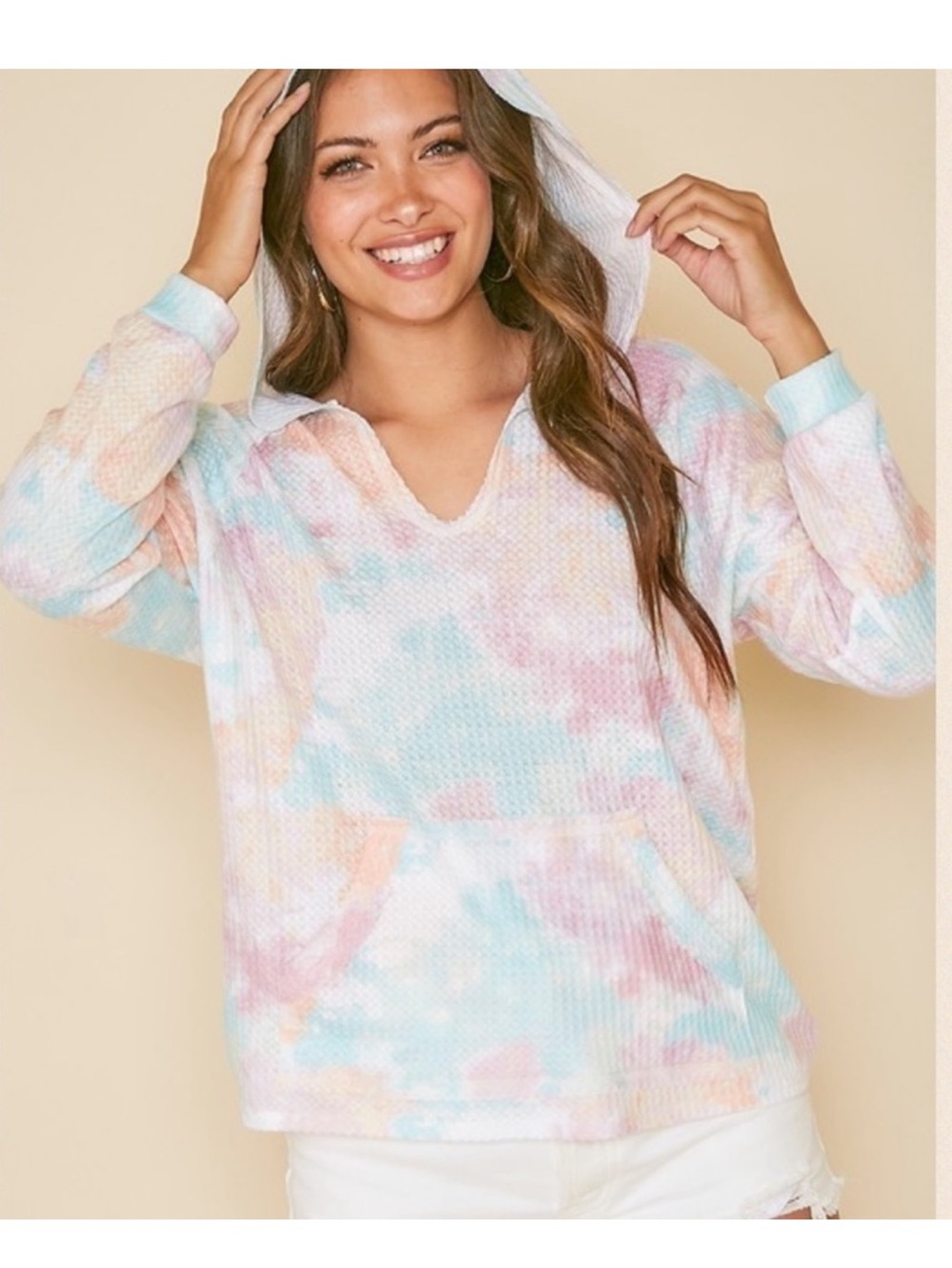 Pastel Tie-Dye Hooded Waffle Knit Pullover